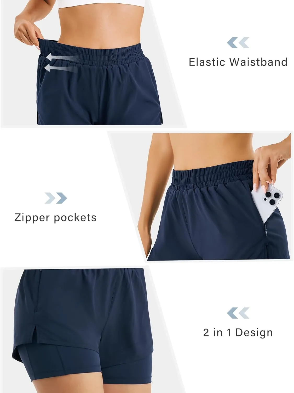 Stelle Women's 2 in 1 Running Shorts Athletic Workout Gym Shorts High Waisted Shorts with Liner Zipper Pockets