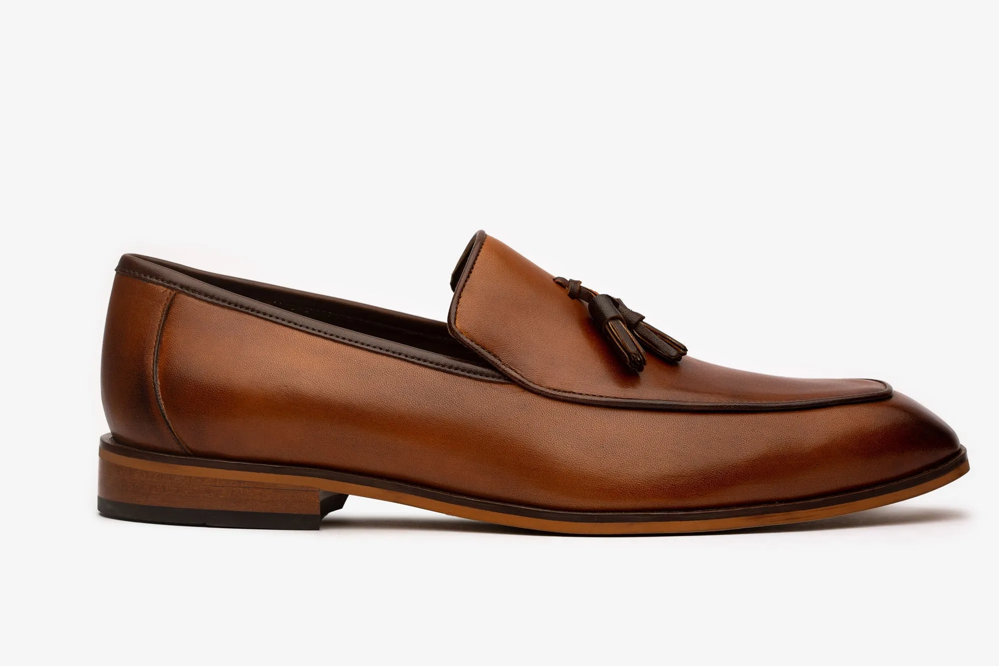 Tan Square Toe Loafer With Brown Tassels