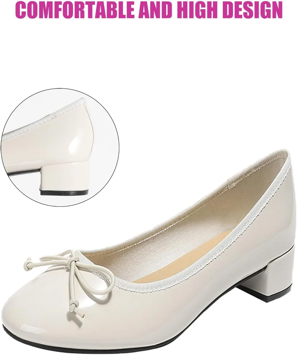 Traveltopp Women's Bowknot Slip On Low Block Heel Pumps Patent Leather Round Toe Comfy Block Heels Moccasins Dress Shoes for Wedding Party
