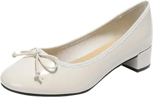 Traveltopp Women's Bowknot Slip On Low Block Heel Pumps Patent Leather Round Toe Comfy Block Heels Moccasins Dress Shoes for Wedding Party