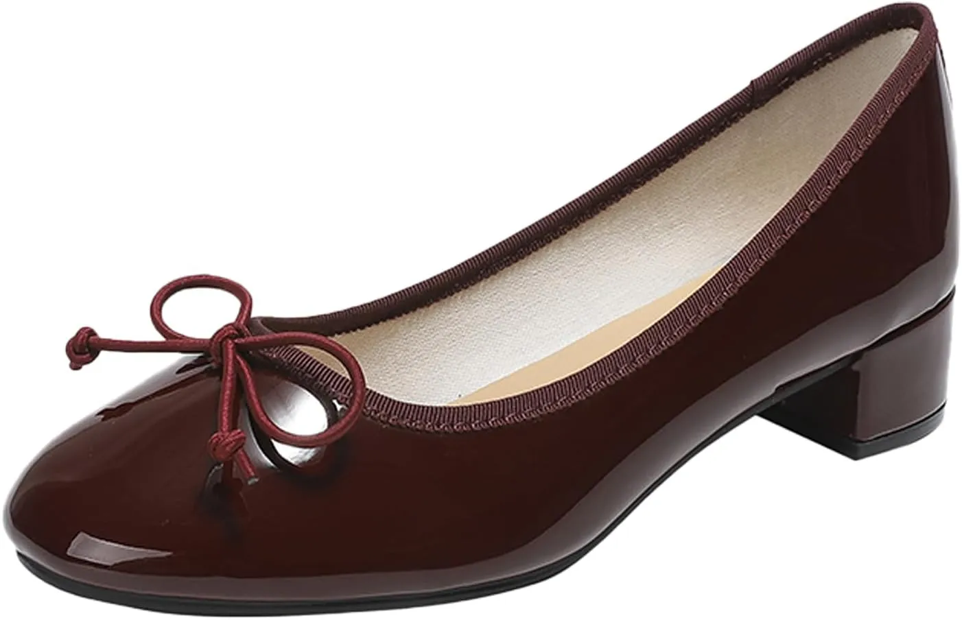 Traveltopp Women's Bowknot Slip On Low Block Heel Pumps Patent Leather Round Toe Comfy Block Heels Moccasins Dress Shoes for Wedding Party