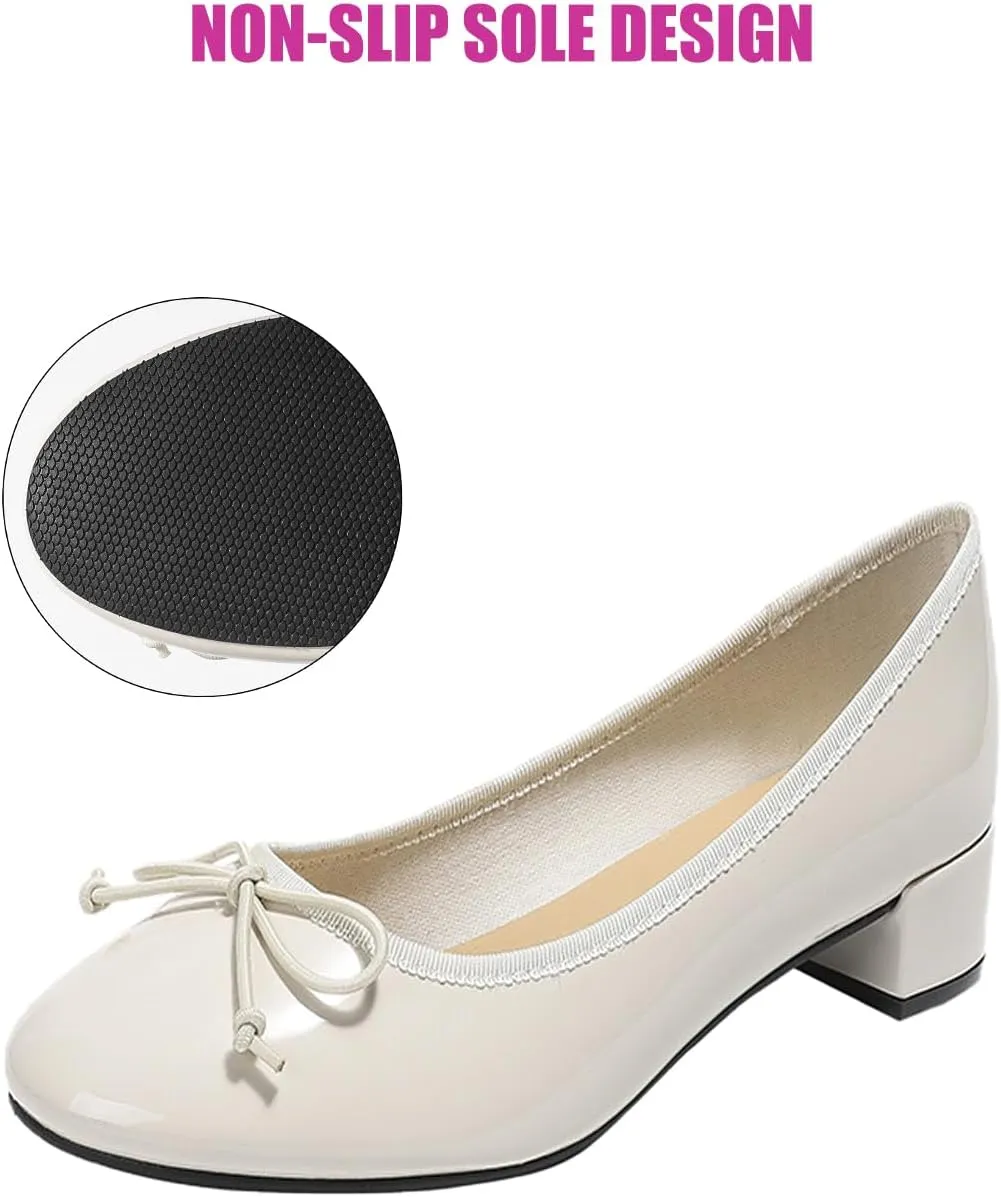 Traveltopp Women's Bowknot Slip On Low Block Heel Pumps Patent Leather Round Toe Comfy Block Heels Moccasins Dress Shoes for Wedding Party