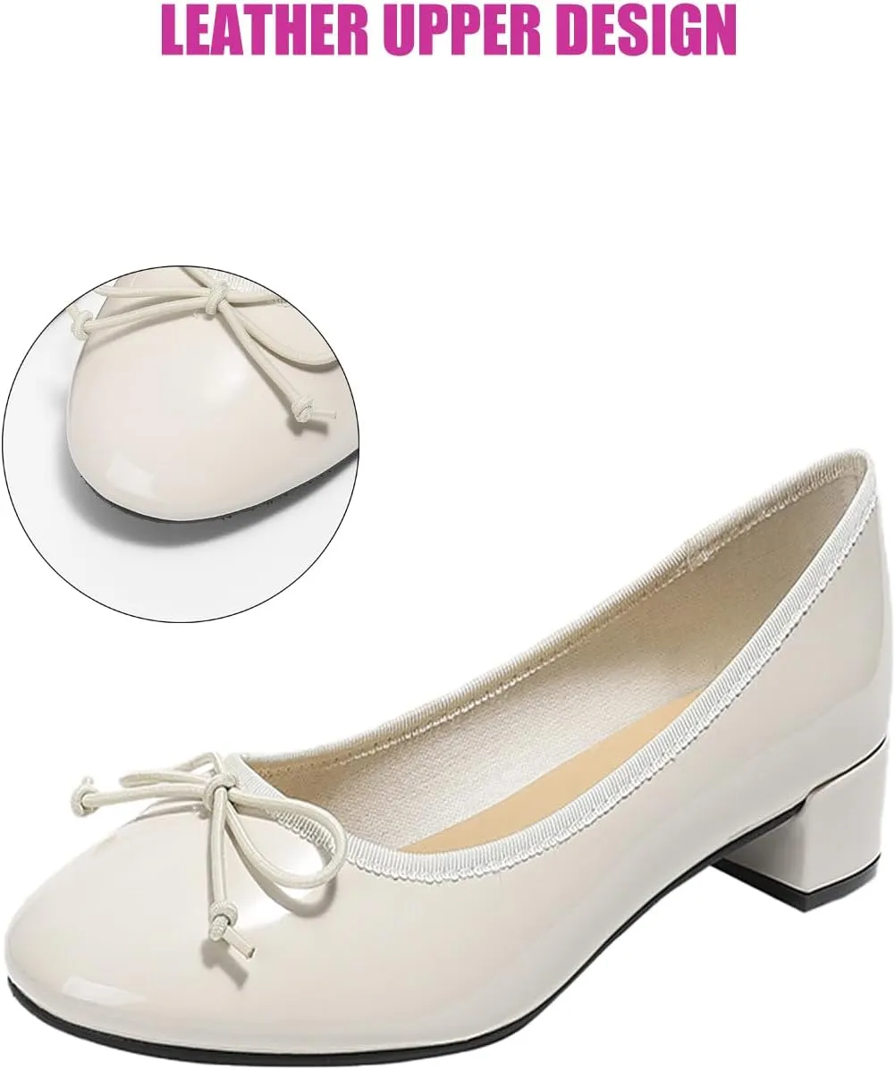 Traveltopp Women's Bowknot Slip On Low Block Heel Pumps Patent Leather Round Toe Comfy Block Heels Moccasins Dress Shoes for Wedding Party