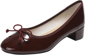 Traveltopp Women's Bowknot Slip On Low Block Heel Pumps Patent Leather Round Toe Comfy Block Heels Moccasins Dress Shoes for Wedding Party