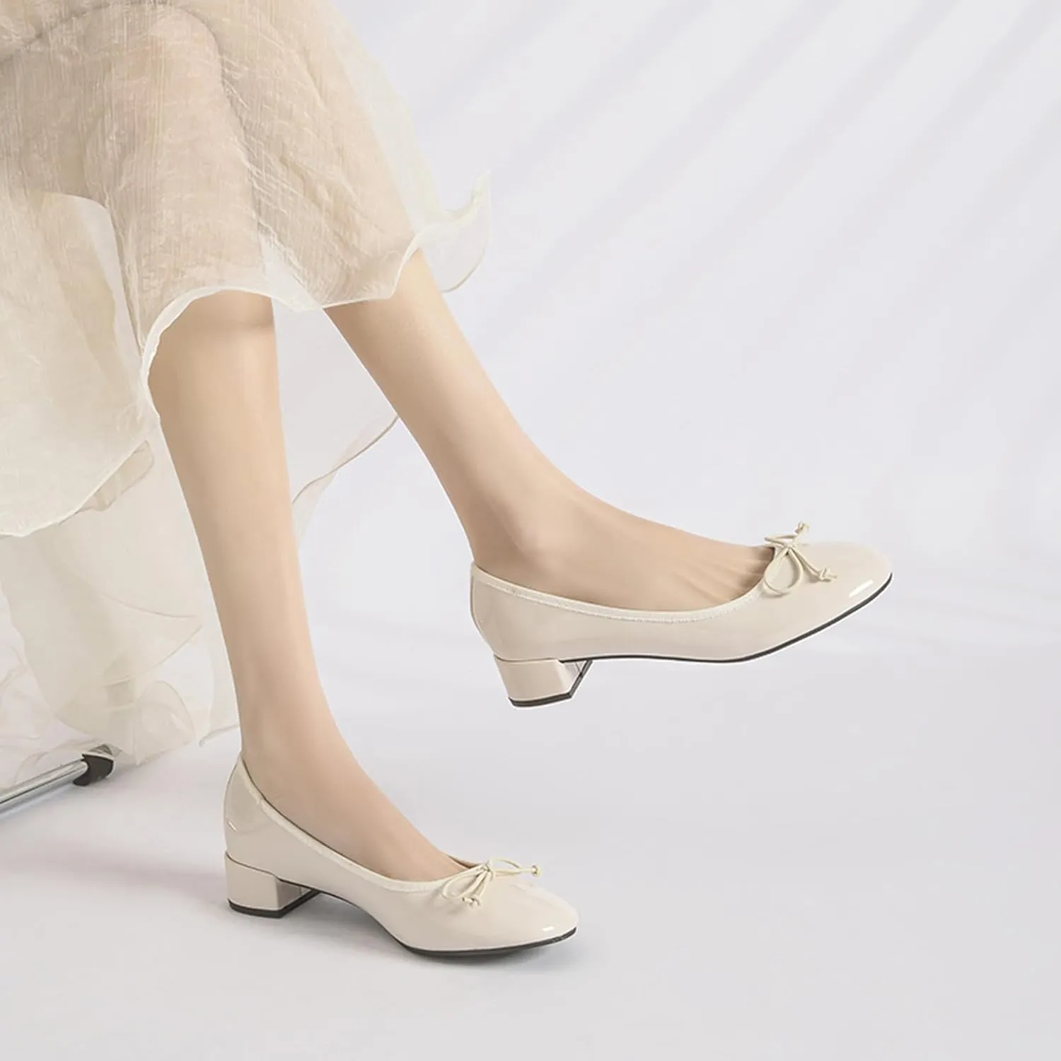 Traveltopp Women's Bowknot Slip On Low Block Heel Pumps Patent Leather Round Toe Comfy Block Heels Moccasins Dress Shoes for Wedding Party
