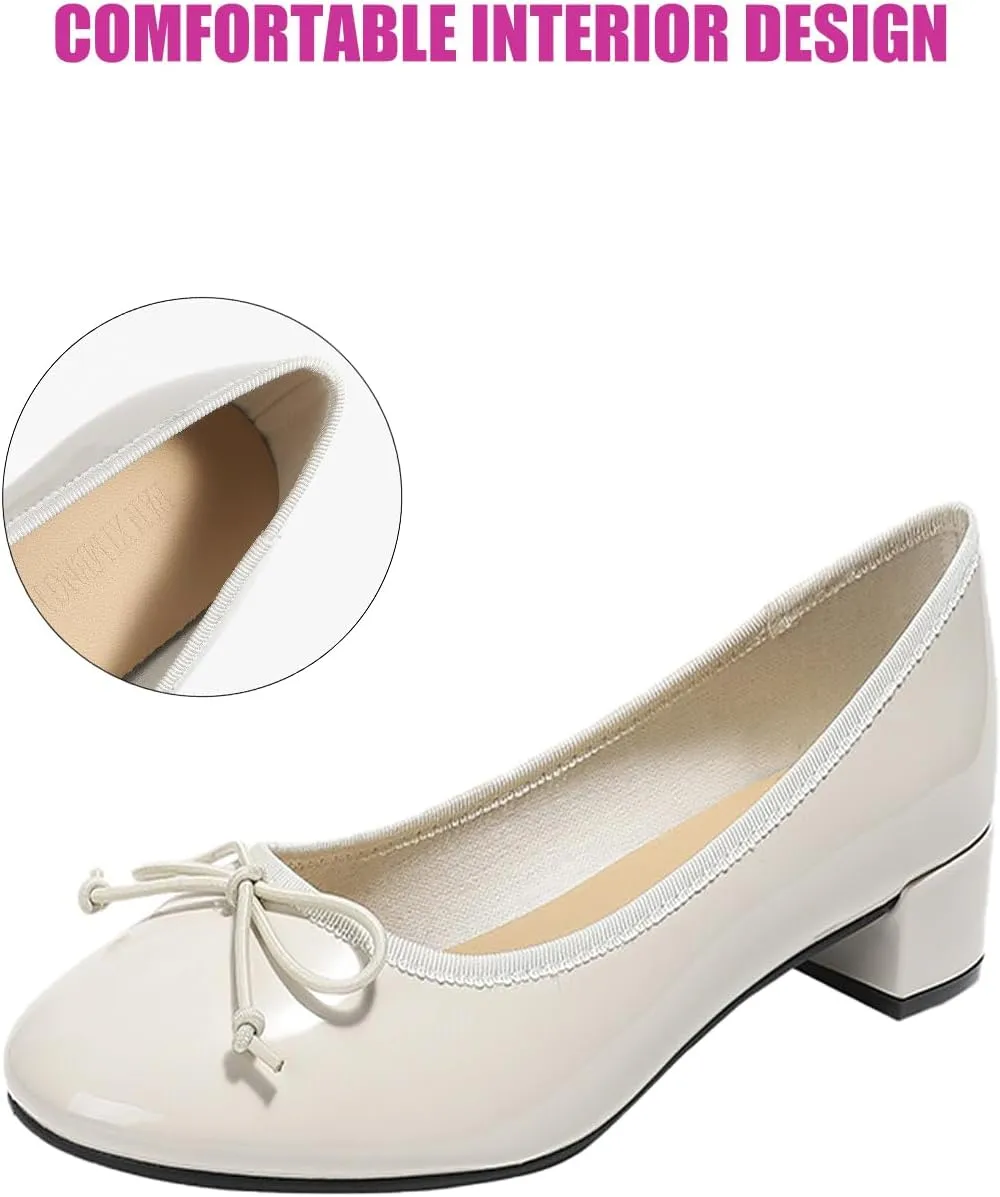 Traveltopp Women's Bowknot Slip On Low Block Heel Pumps Patent Leather Round Toe Comfy Block Heels Moccasins Dress Shoes for Wedding Party