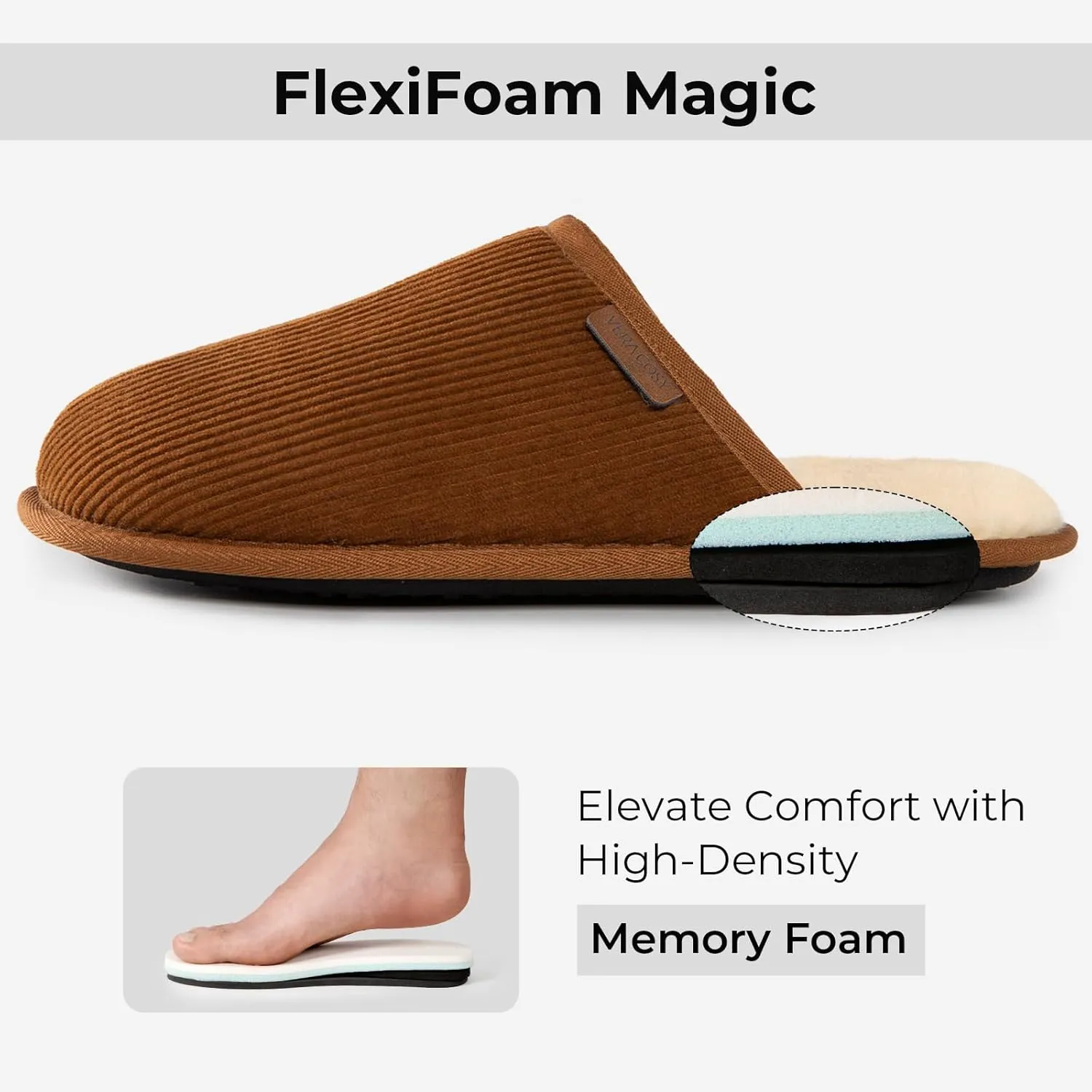 VeraCosy Men's Comfy Corduroy Memory Foam Scuff Slippers Soft Faux Fur Lined House Shoes with Anti-Skid Lightweight Sole
