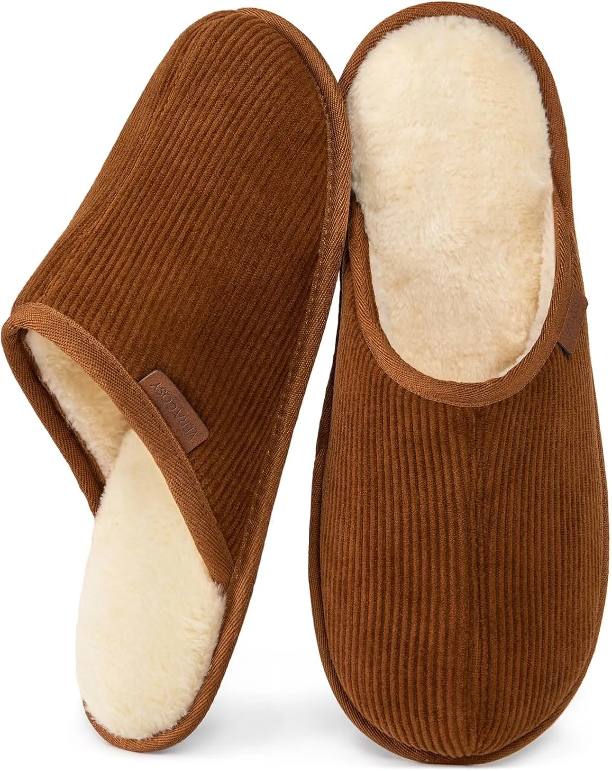 VeraCosy Men's Comfy Corduroy Memory Foam Scuff Slippers Soft Faux Fur Lined House Shoes with Anti-Skid Lightweight Sole
