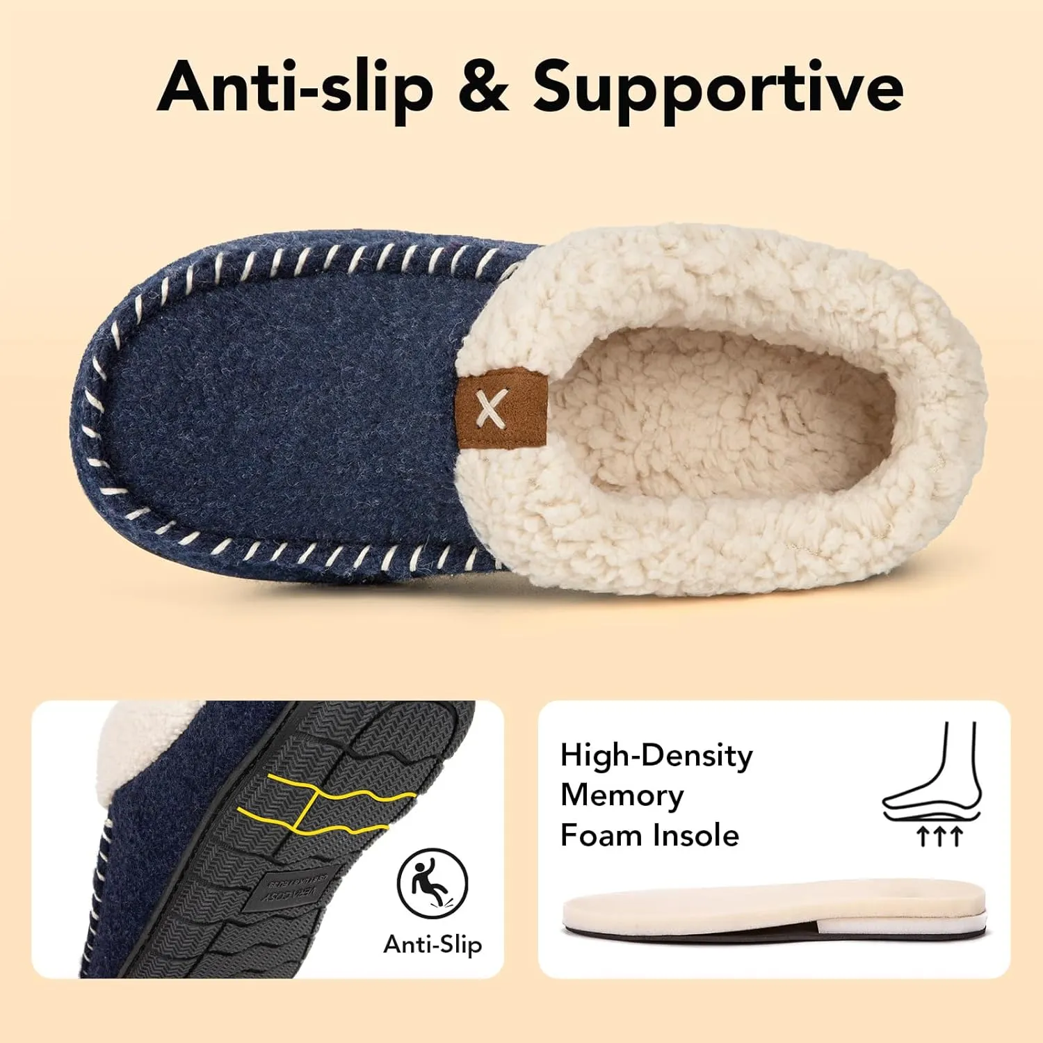 VeraCosy Women's Moccasin Slippers Warm Comfy Wool-felt Memory Foam Indoor House Shoes