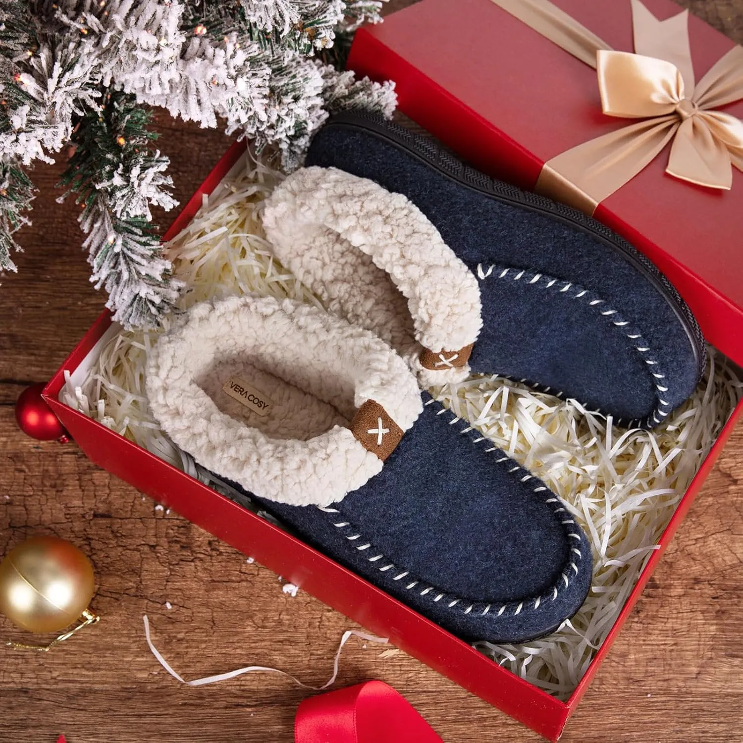 VeraCosy Women's Moccasin Slippers Warm Comfy Wool-felt Memory Foam Indoor House Shoes