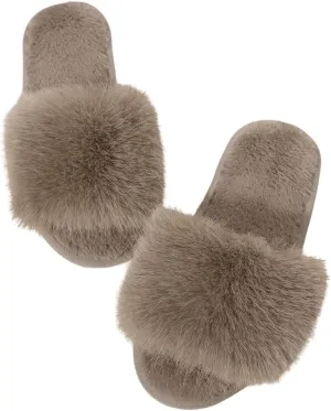 Verdusa Women's Faux Fur Fuzzy Slippers Open Toe Slip On Bedroom Slippers