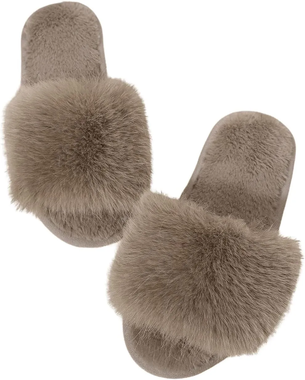 Verdusa Women's Faux Fur Fuzzy Slippers Open Toe Slip On Bedroom Slippers