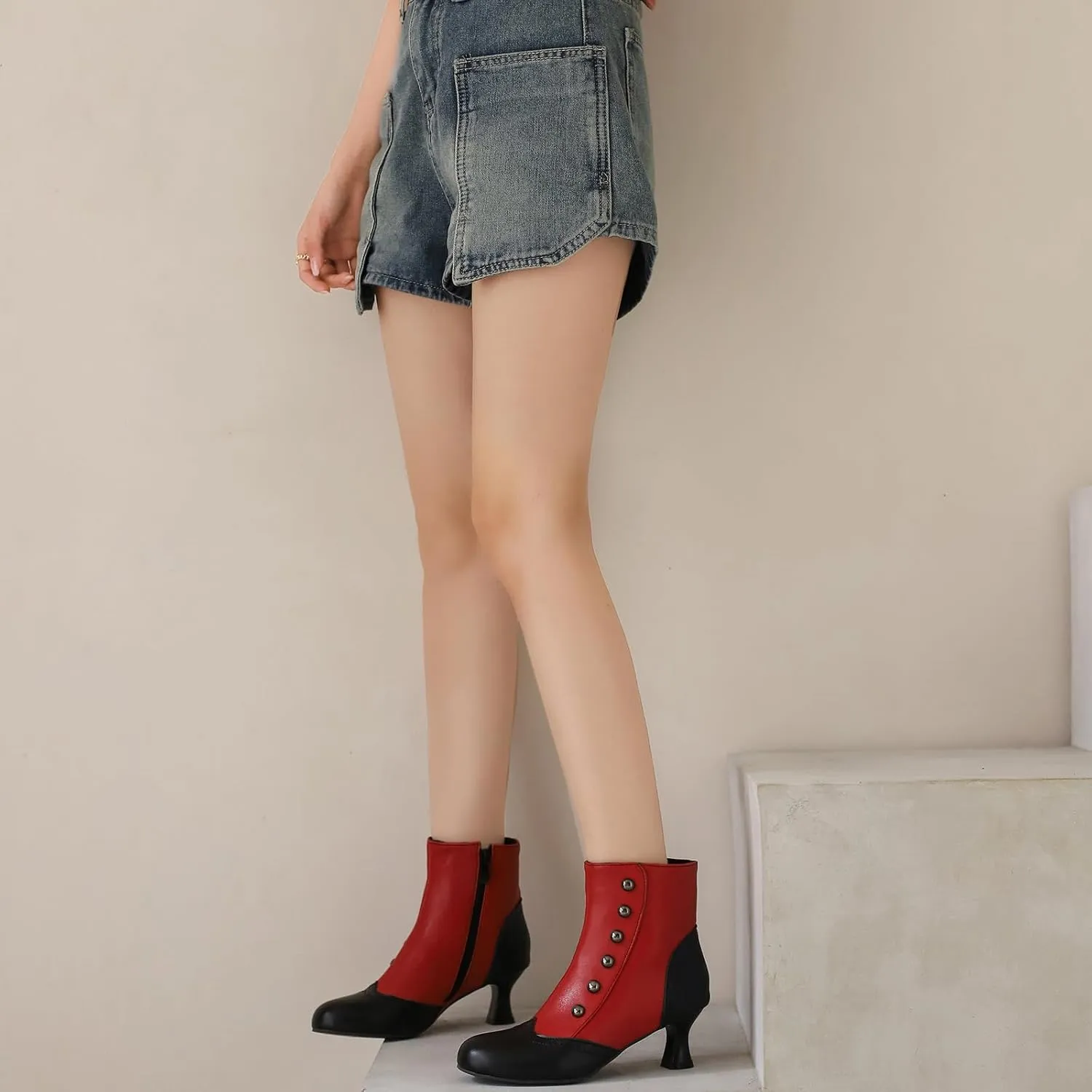 Victorian Boots for Women Vintage Slip On Rivet Ankle-High Booties