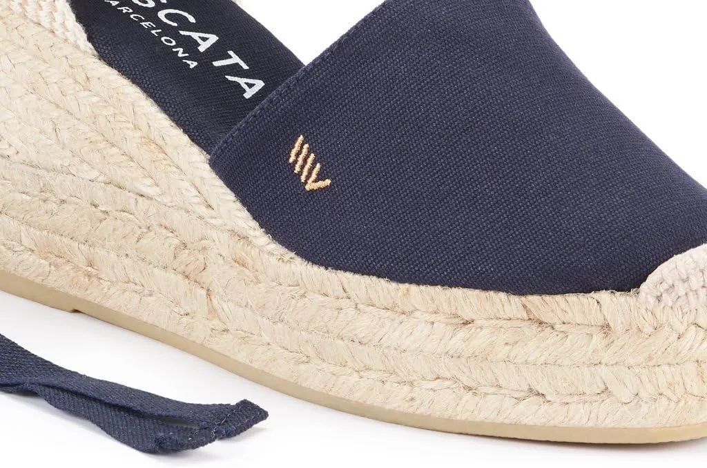 VISCATA Bisbe Canvas Platform Handmade 3 ½” Heel Women's Wedge Sandals with Breathable Cotton Canvas Soft Lace-Up Ankle Ties and 100% Natural Jute Midsole for all Casual Occasions
