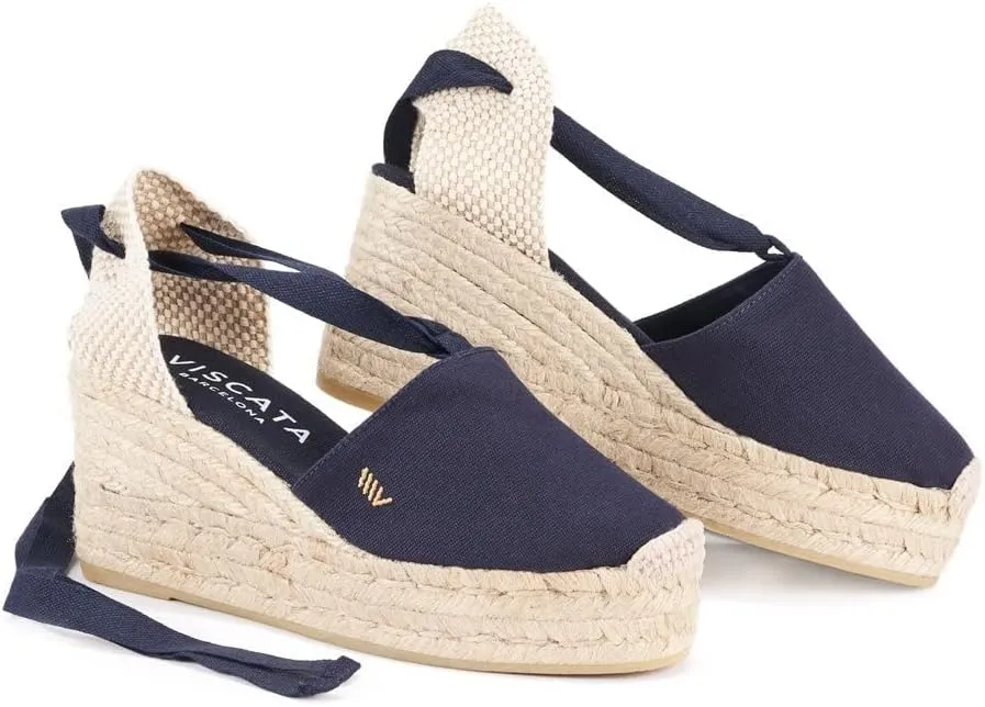 VISCATA Bisbe Canvas Platform Handmade 3 ½” Heel Women's Wedge Sandals with Breathable Cotton Canvas Soft Lace-Up Ankle Ties and 100% Natural Jute Midsole for all Casual Occasions