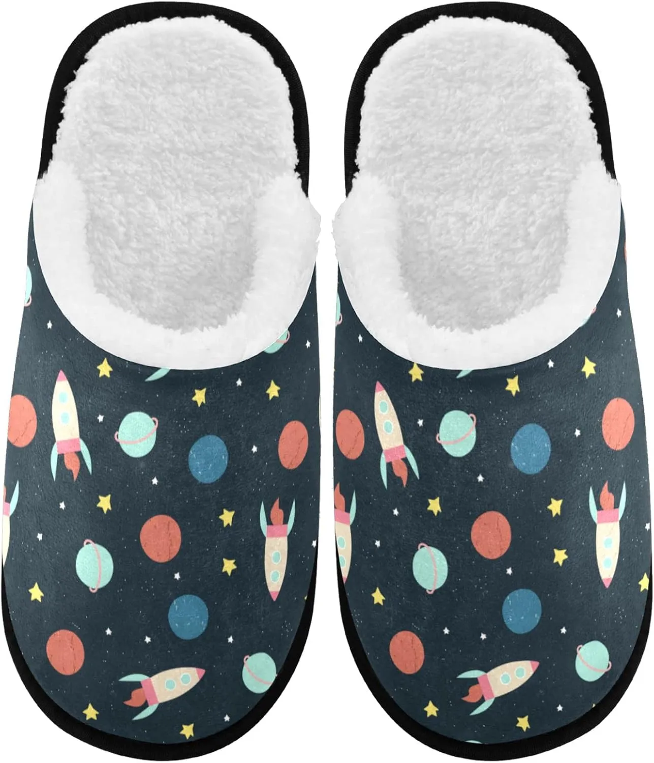 visesunny Cartoon Space Planet Rocket Cozy Fuzzy Mens Womens Memory Foam House Slippers Plush Fleece Indoor Outdoor Slipper