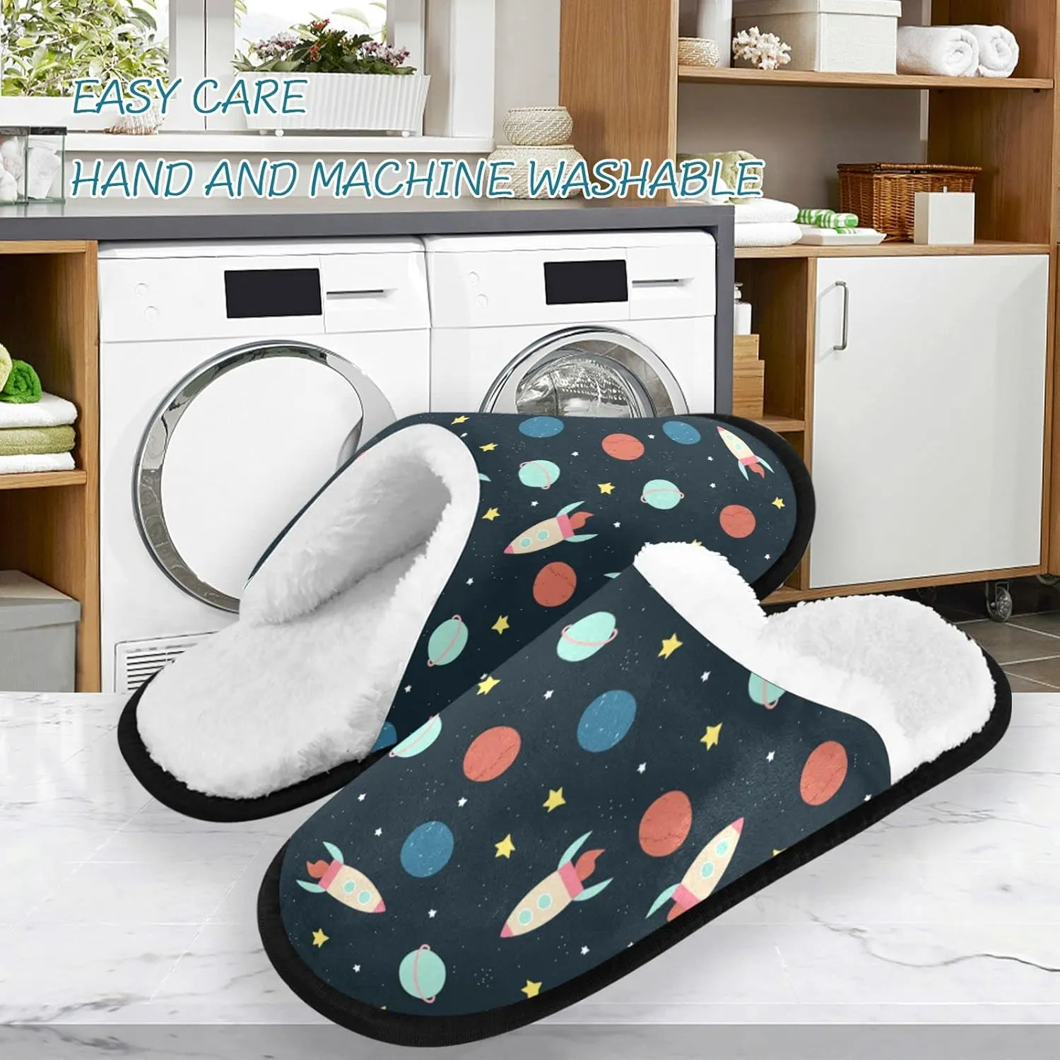 visesunny Cartoon Space Planet Rocket Cozy Fuzzy Mens Womens Memory Foam House Slippers Plush Fleece Indoor Outdoor Slipper