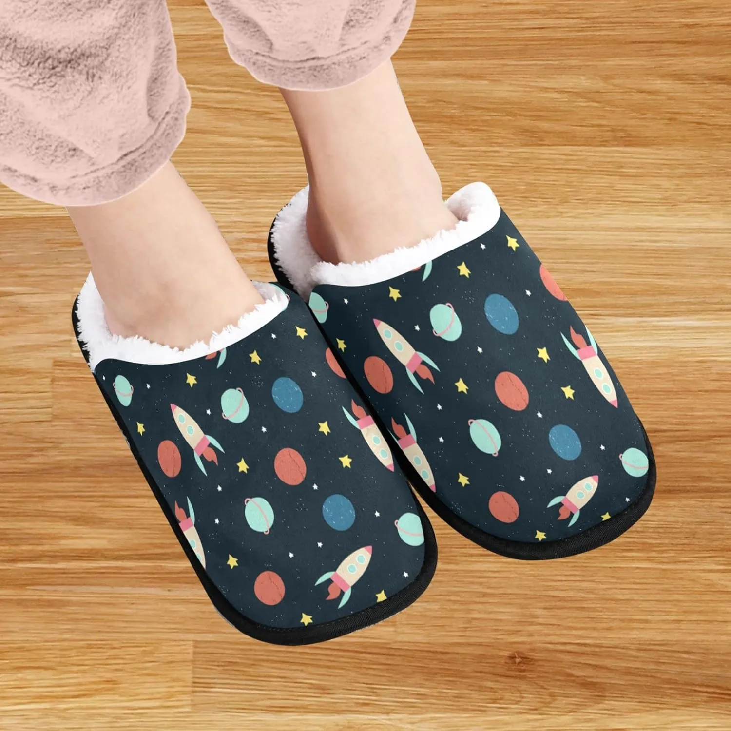 visesunny Cartoon Space Planet Rocket Cozy Fuzzy Mens Womens Memory Foam House Slippers Plush Fleece Indoor Outdoor Slipper
