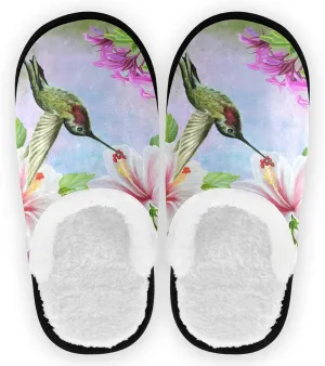 visesunny Hummingbird Near White Hibiscus Tropical Cozy Fuzzy Womens Memory Foam House Slippers Plush Fleece Indoor Outdoor Slipper