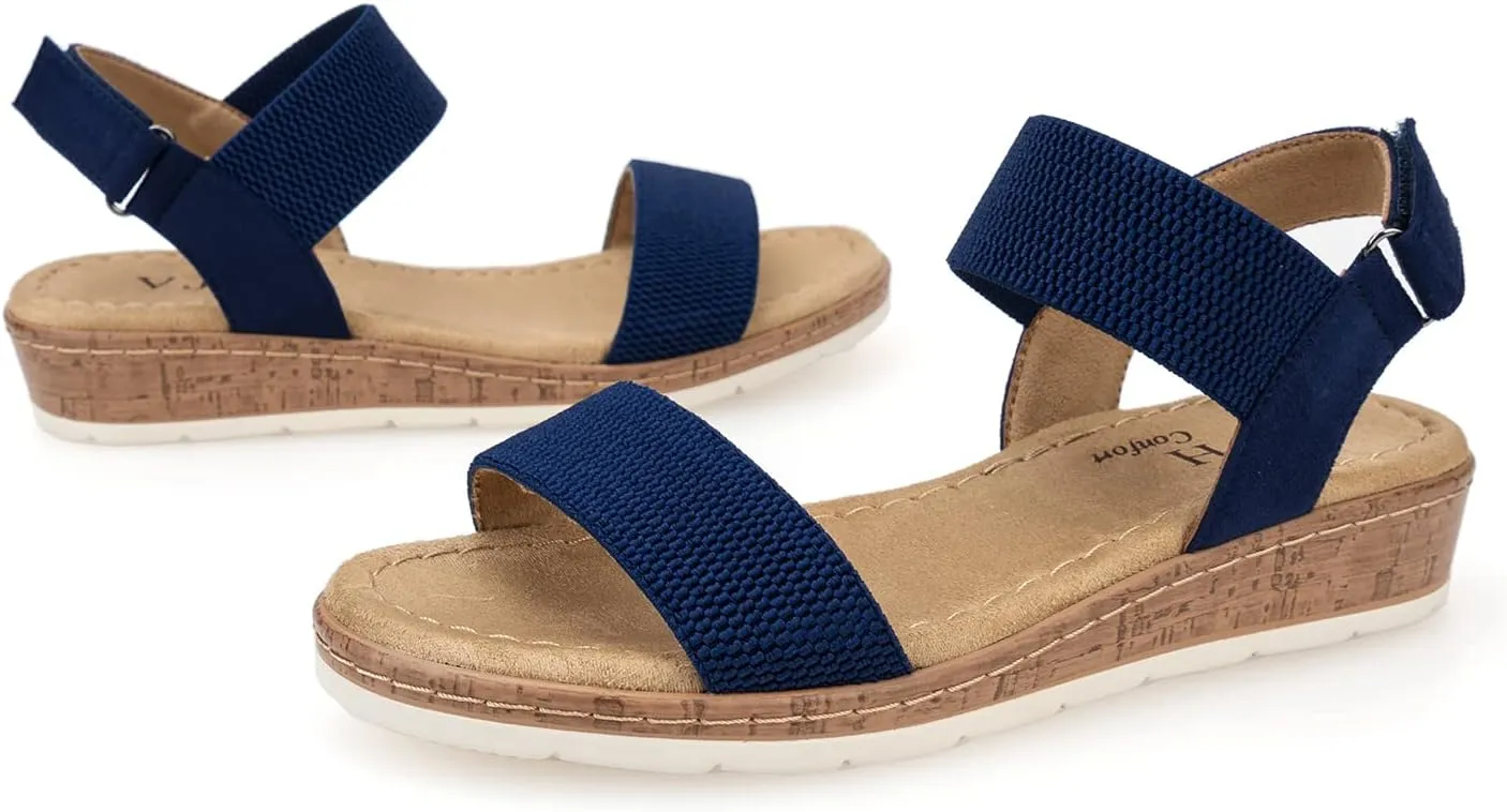 VJH confort Women’s Flat Sandals Open Toe Elastic Ankle Strap Slip on Comfy Low Wedge Sandals