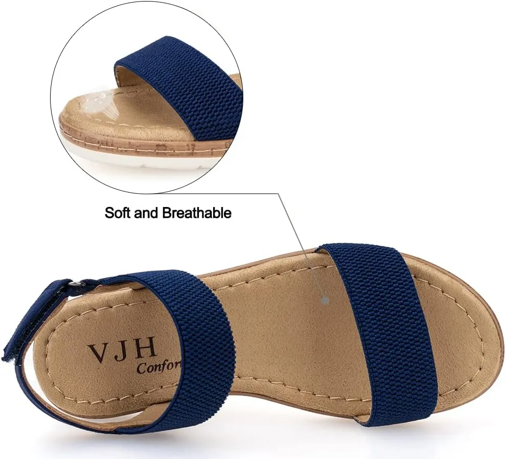 VJH confort Women’s Flat Sandals Open Toe Elastic Ankle Strap Slip on Comfy Low Wedge Sandals