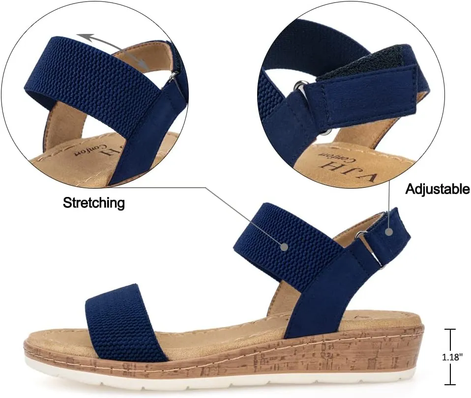 VJH confort Women’s Flat Sandals Open Toe Elastic Ankle Strap Slip on Comfy Low Wedge Sandals