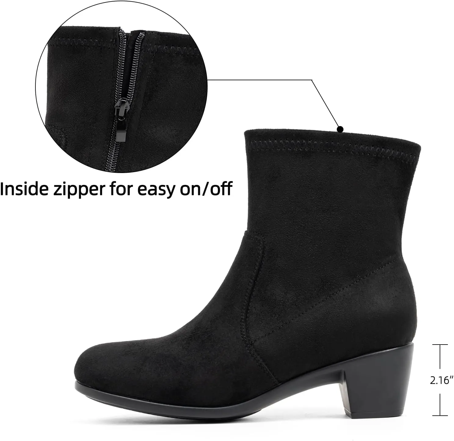 VJH confort Women's Stretch Ankle Boots Block Low Heel Almond Toe Comfy Dress Slip-on Booties with Zipper