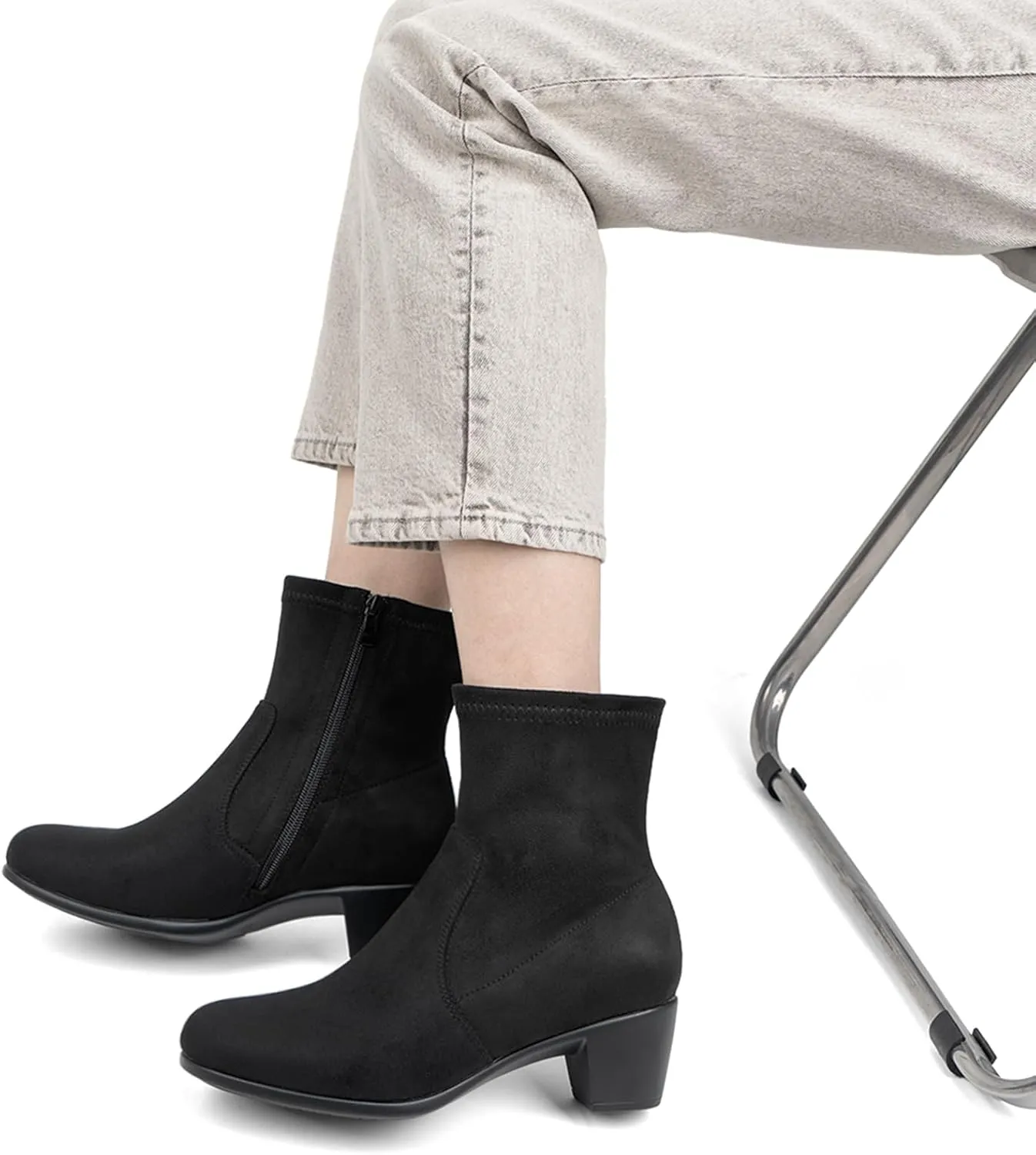 VJH confort Women's Stretch Ankle Boots Block Low Heel Almond Toe Comfy Dress Slip-on Booties with Zipper