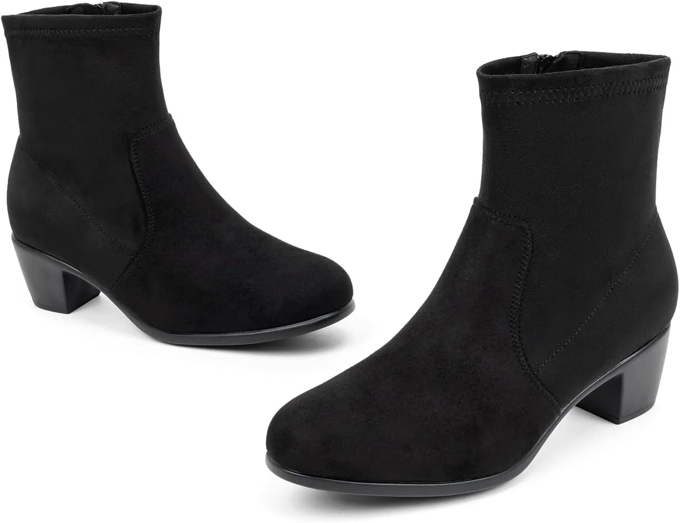 VJH confort Women's Stretch Ankle Boots Block Low Heel Almond Toe Comfy Dress Slip-on Booties with Zipper