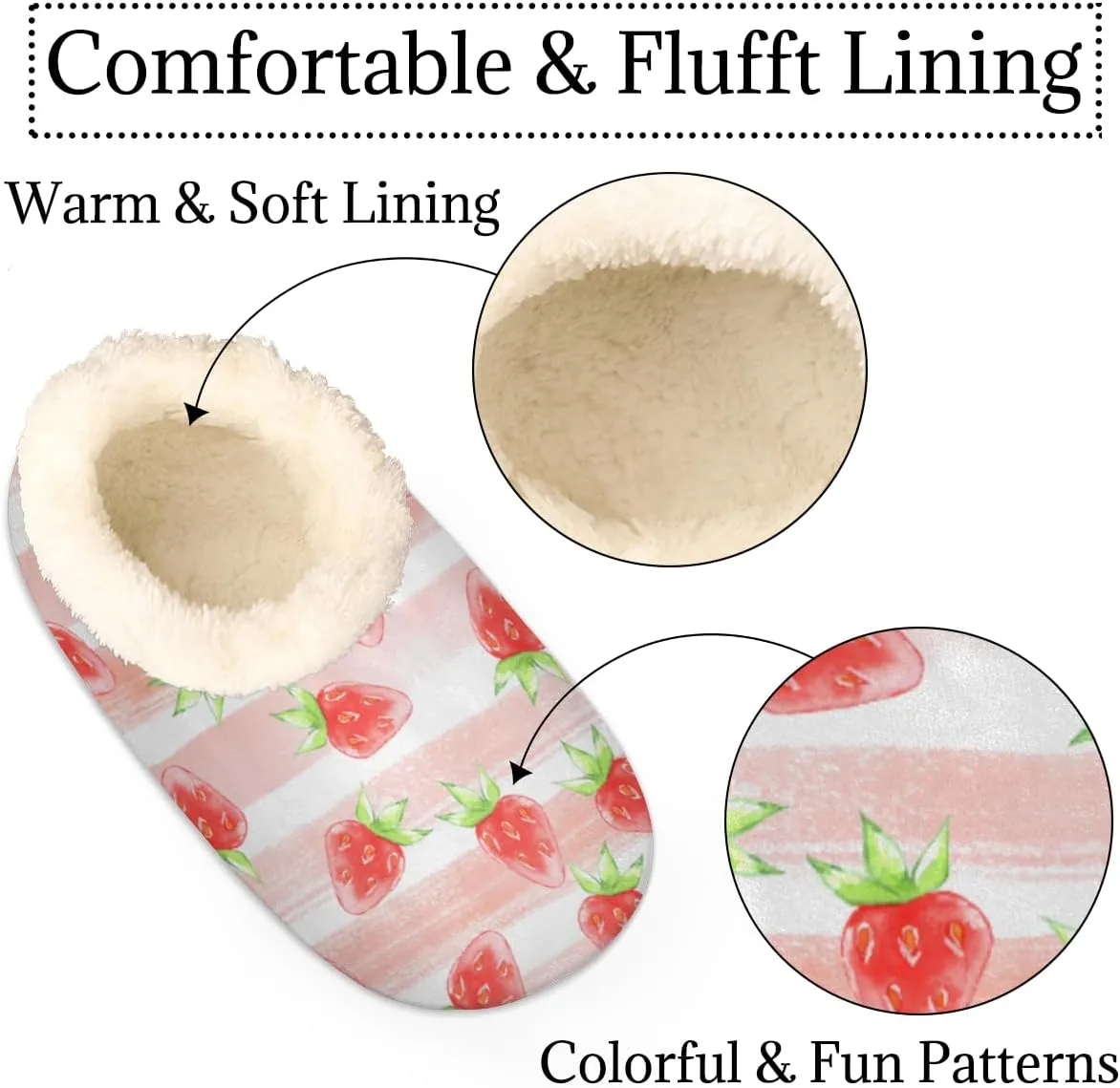 Watercolor Strawberry House Slippers for Women/Men, Non-Slip House Slipper Socks, Plush Lined Slippers Shoes for Boys Girls Teens Indoor Bedroom (Pink Stripes)