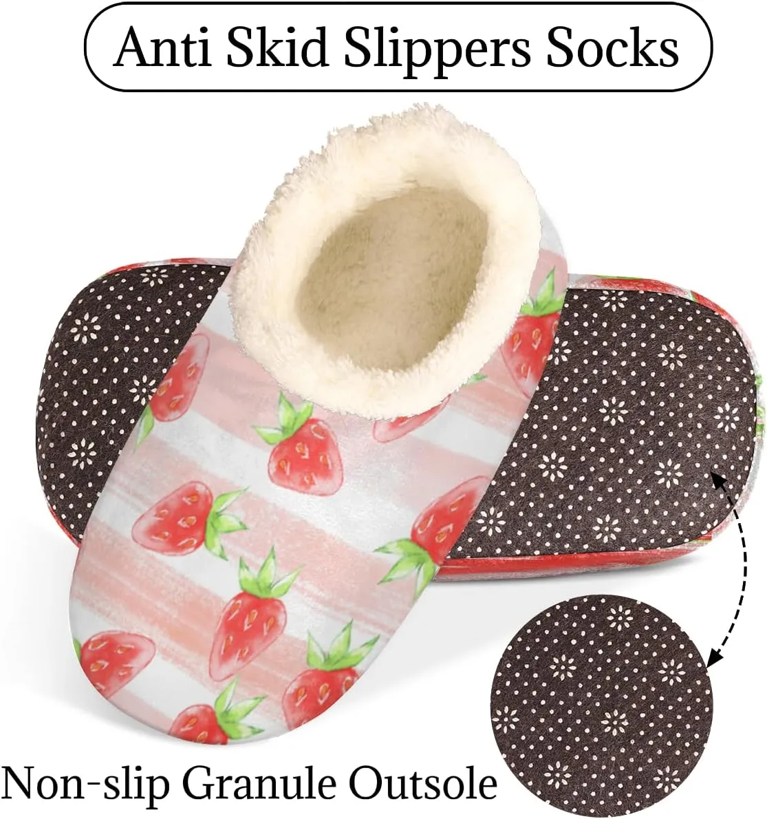 Watercolor Strawberry House Slippers for Women/Men, Non-Slip House Slipper Socks, Plush Lined Slippers Shoes for Boys Girls Teens Indoor Bedroom (Pink Stripes)