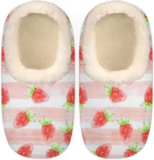 Watercolor Strawberry House Slippers for Women/Men, Non-Slip House Slipper Socks, Plush Lined Slippers Shoes for Boys Girls Teens Indoor Bedroom (Pink Stripes)