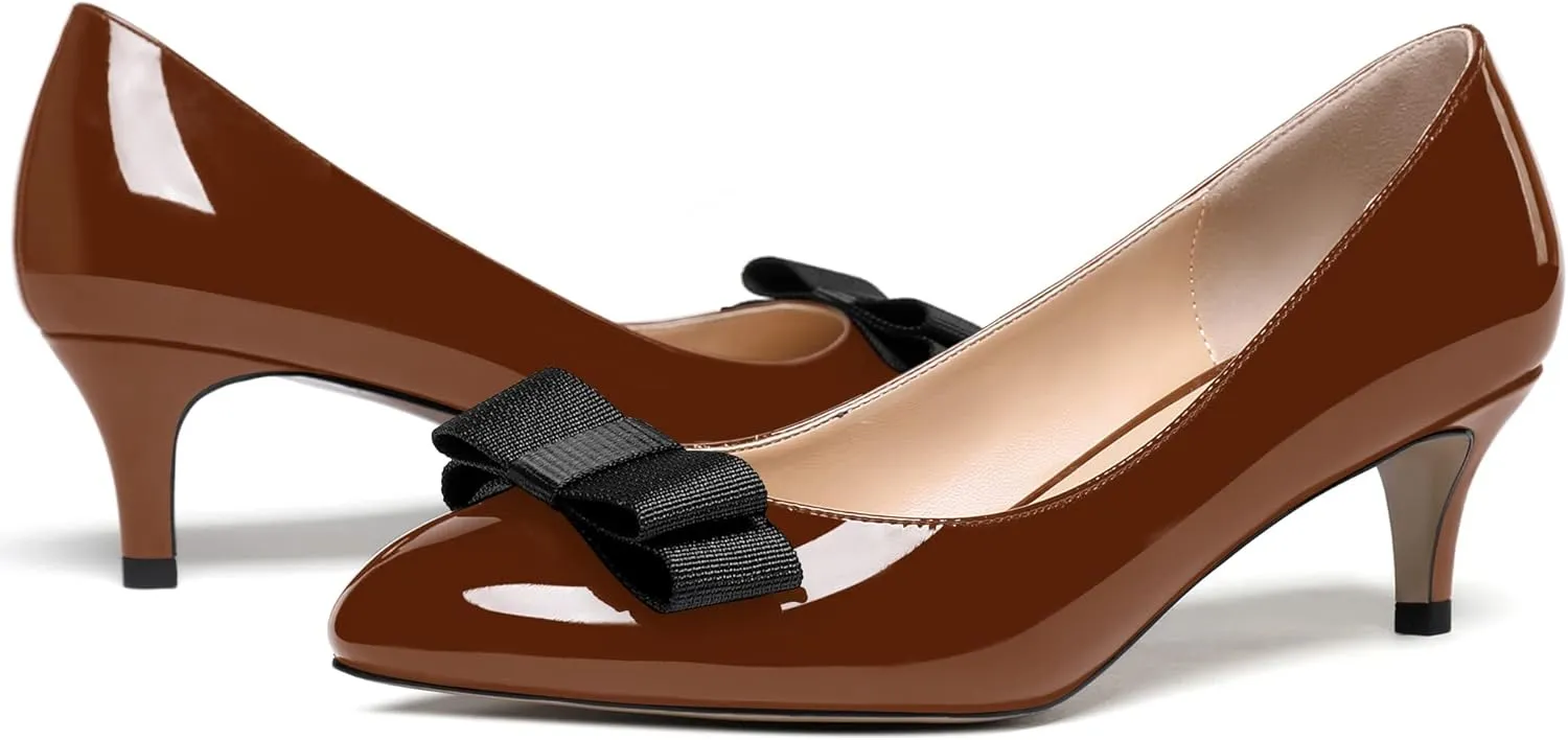 WAYDERNS Women's Bow Solid Patent Slip On Cute Round Toe Dating Kitten Mid Heel Pumps Shoes 2.5 Inch