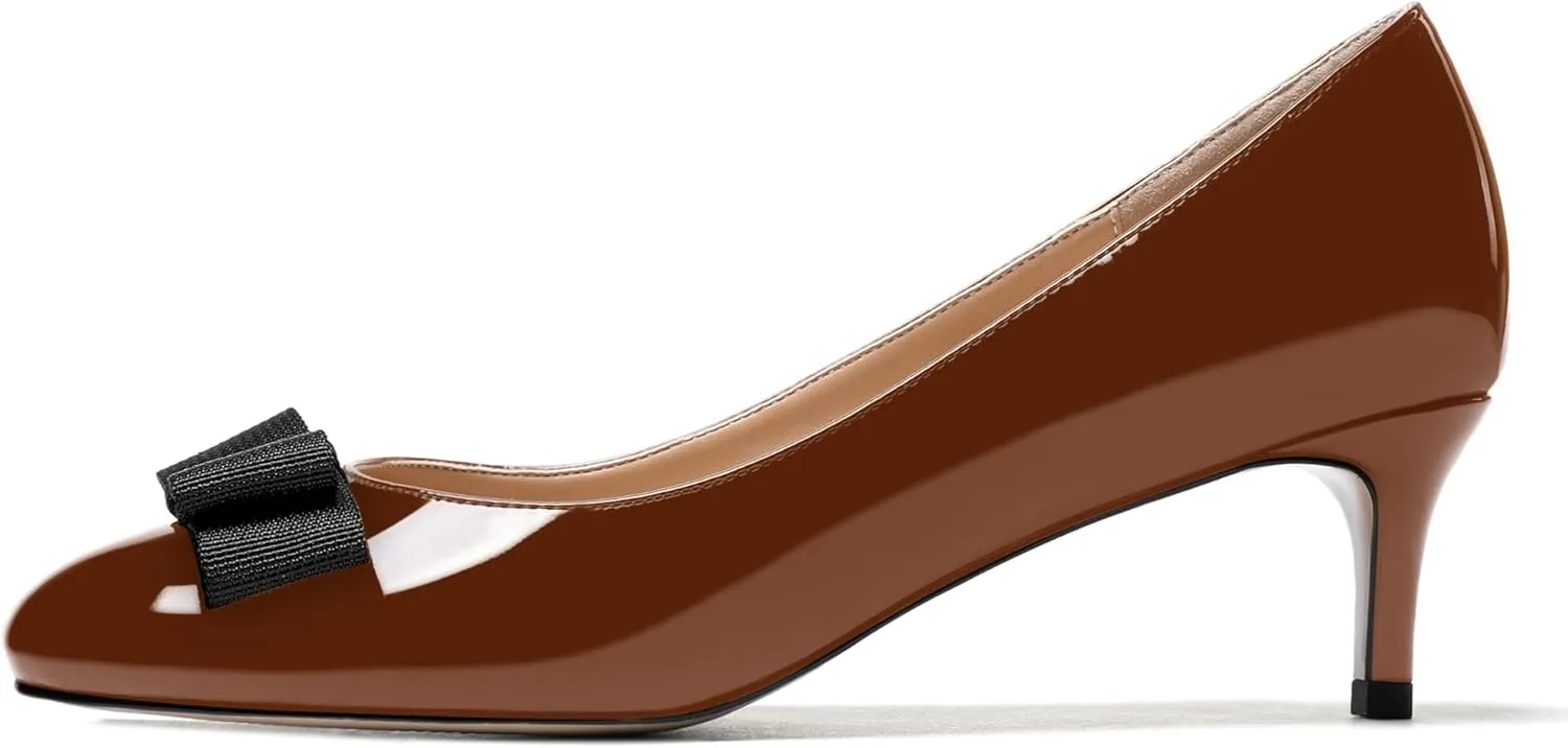 WAYDERNS Women's Bow Solid Patent Slip On Cute Round Toe Dating Kitten Mid Heel Pumps Shoes 2.5 Inch