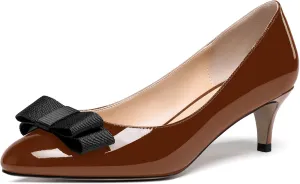 WAYDERNS Women's Bow Solid Patent Slip On Cute Round Toe Dating Kitten Mid Heel Pumps Shoes 2.5 Inch