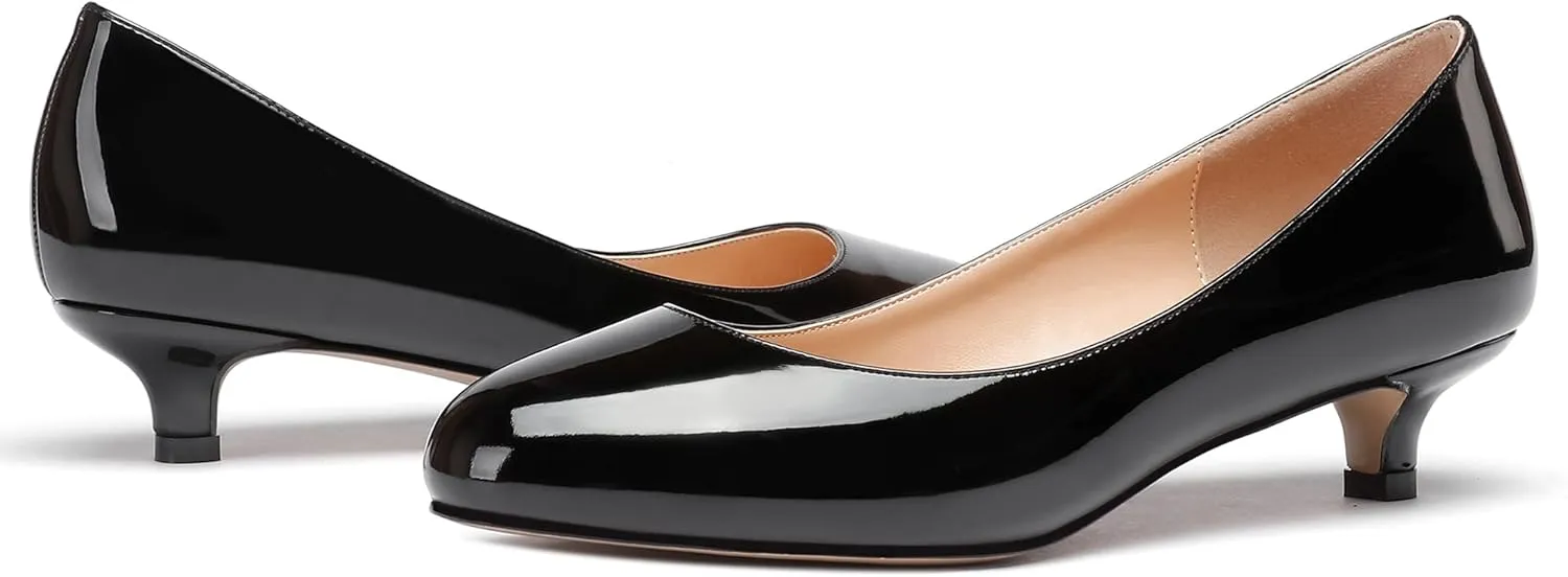 WAYDERNS Women's Patent Round Toe Slip On Low Kitten Heel Pumps Offress Work Dress Shoes 1.5 Inch