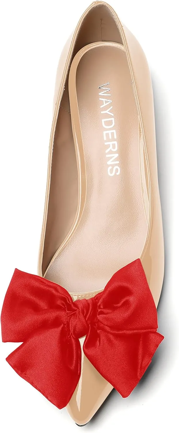 WAYDERNS Women's Pointed Toe Slip On Block Patent Bow Chunky Low Heel Pumps Shoes 1.5 Inch