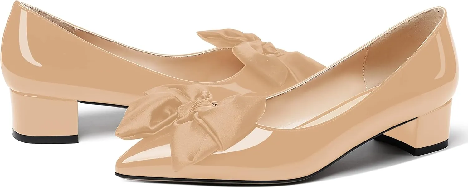 WAYDERNS Women's Pointed Toe Slip On Block Patent Bow Chunky Low Heel Pumps Shoes 1.5 Inch