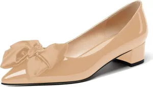 WAYDERNS Women's Pointed Toe Slip On Block Patent Bow Chunky Low Heel Pumps Shoes 1.5 Inch
