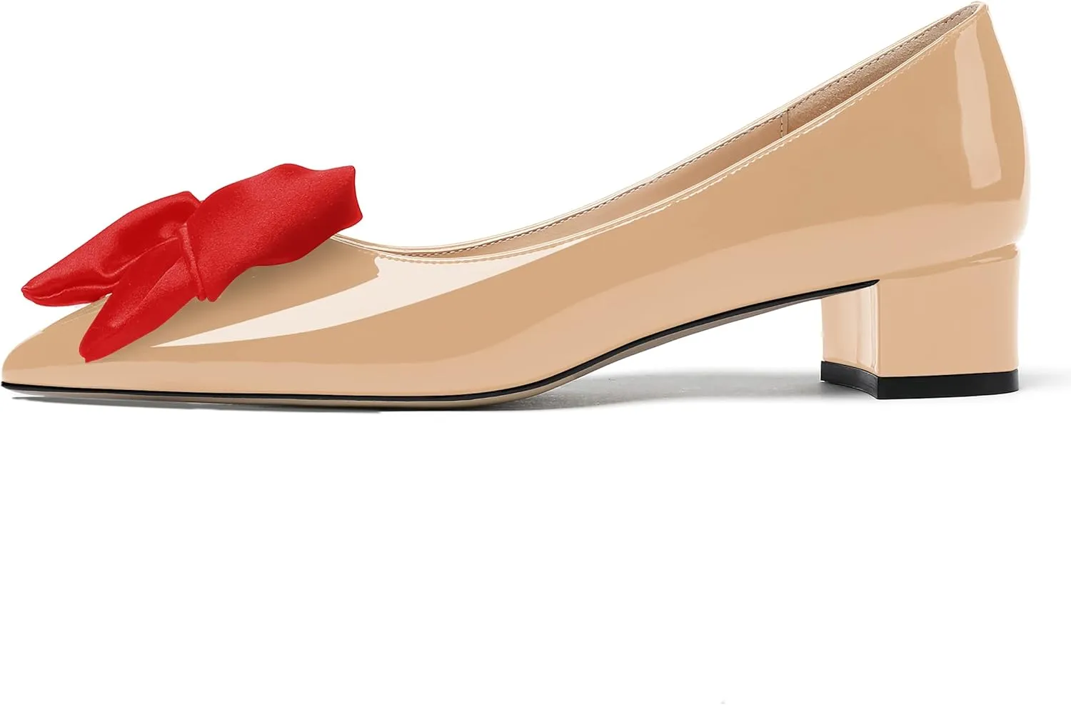 WAYDERNS Women's Pointed Toe Slip On Block Patent Bow Chunky Low Heel Pumps Shoes 1.5 Inch