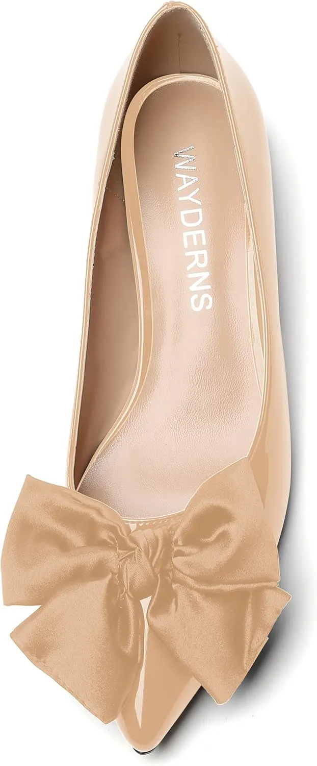 WAYDERNS Women's Pointed Toe Slip On Block Patent Bow Chunky Low Heel Pumps Shoes 1.5 Inch