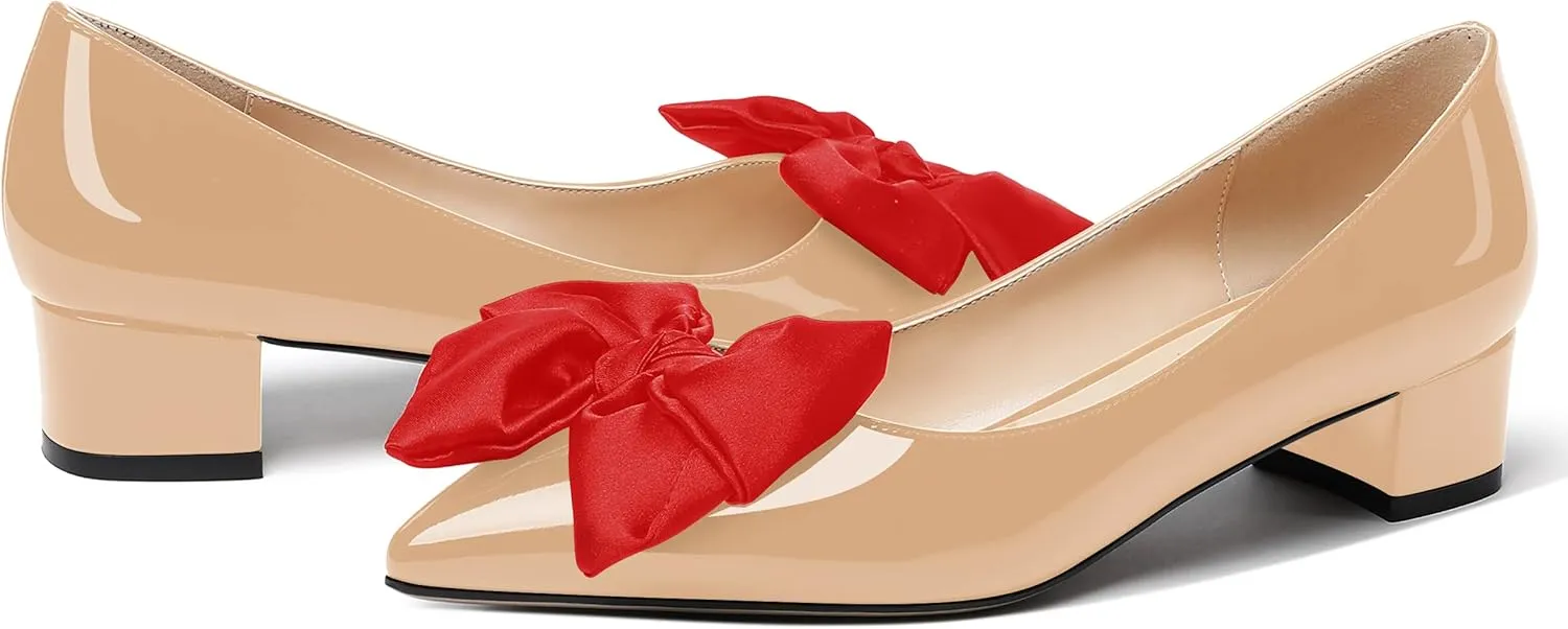 WAYDERNS Women's Pointed Toe Slip On Block Patent Bow Chunky Low Heel Pumps Shoes 1.5 Inch