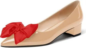 WAYDERNS Women's Pointed Toe Slip On Block Patent Bow Chunky Low Heel Pumps Shoes 1.5 Inch