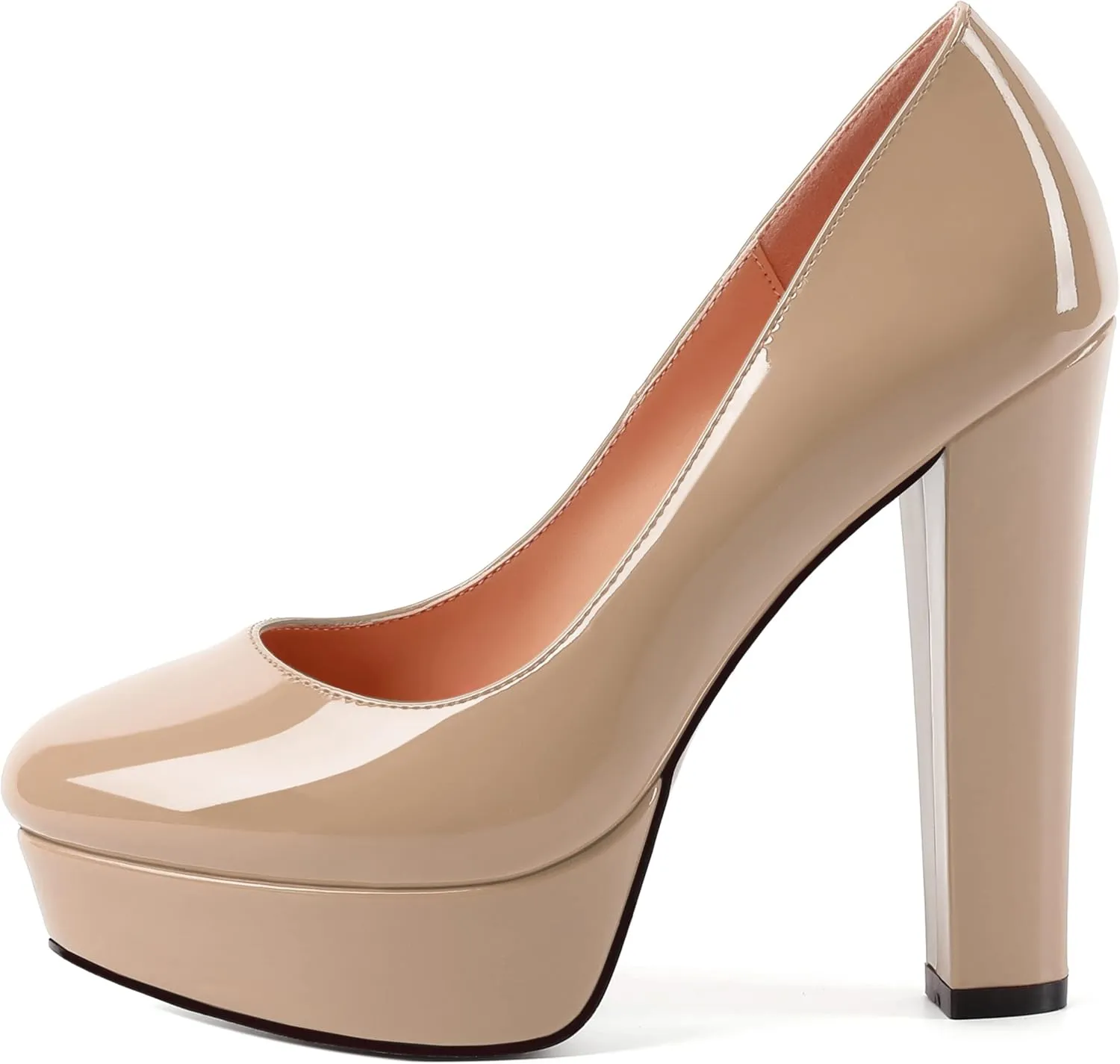 WAYDERNS Womens Round Toe Slip On Casual Platform Wedding Patent Block High Heel Pumps Shoes 5 Inch