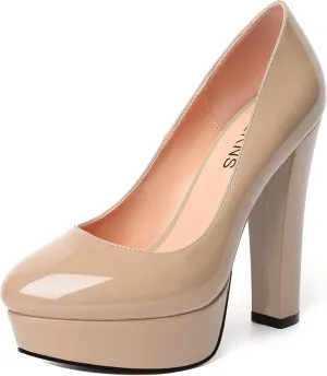 WAYDERNS Womens Round Toe Slip On Casual Platform Wedding Patent Block High Heel Pumps Shoes 5 Inch