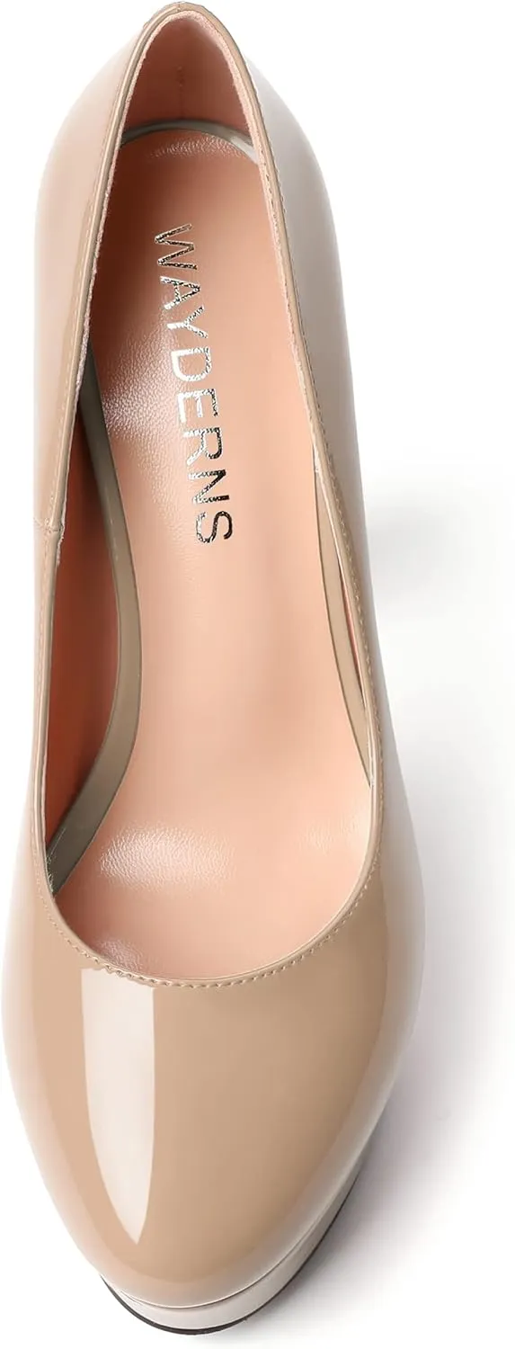 WAYDERNS Womens Round Toe Slip On Casual Platform Wedding Patent Block High Heel Pumps Shoes 5 Inch