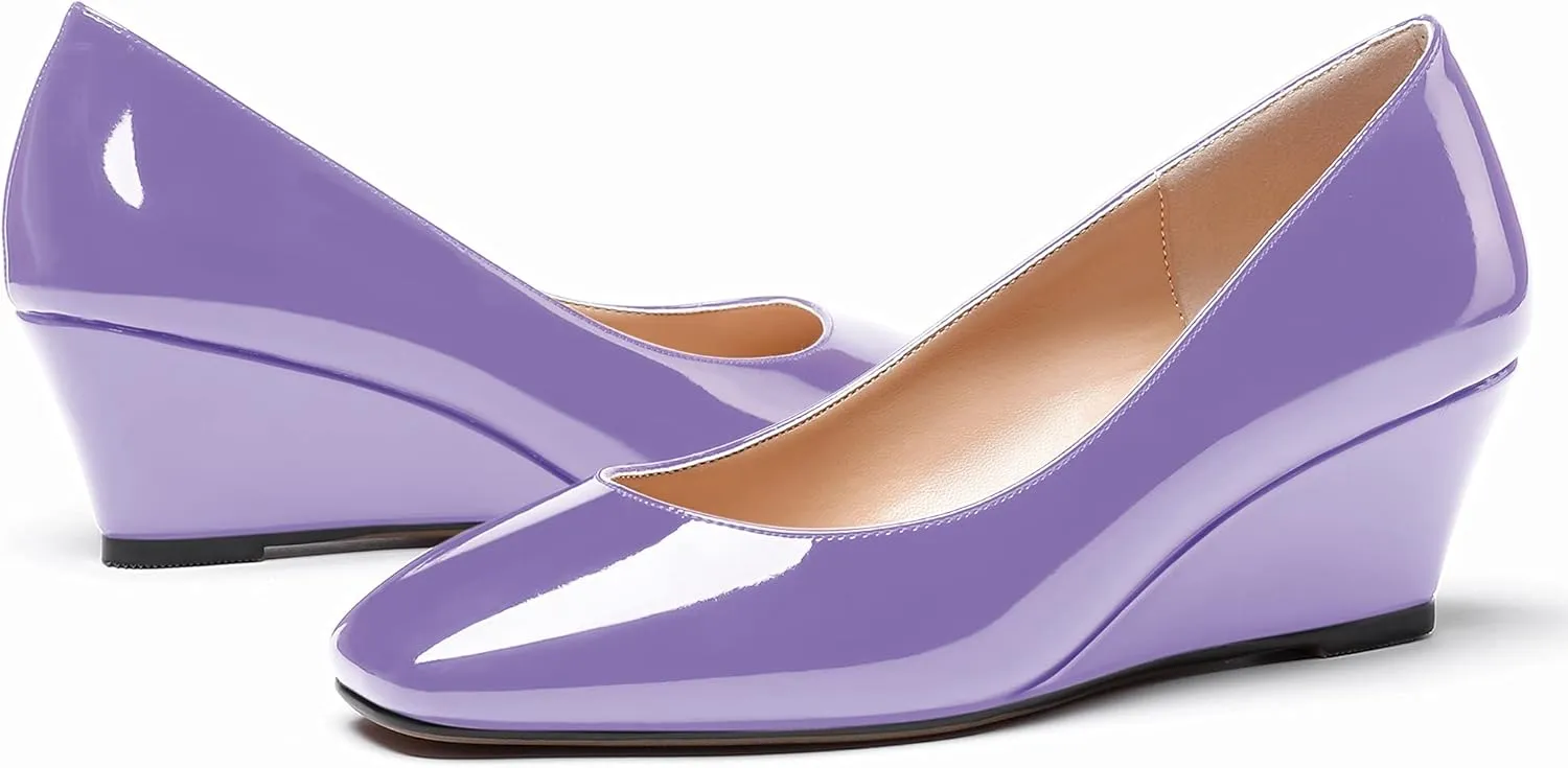 WAYDERNS Women's Slip On Patent Leather Square Toe Low Heel Wedge Pumps Shoes 2 Inch