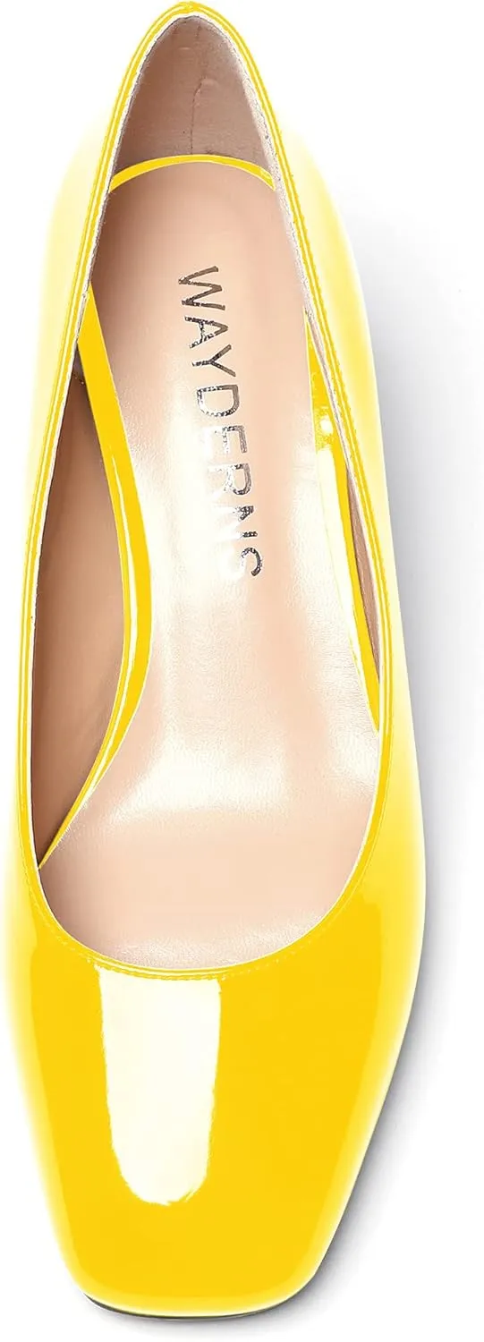 WAYDERNS Women's Slip On Patent Leather Square Toe Low Heel Wedge Pumps Shoes 2 Inch