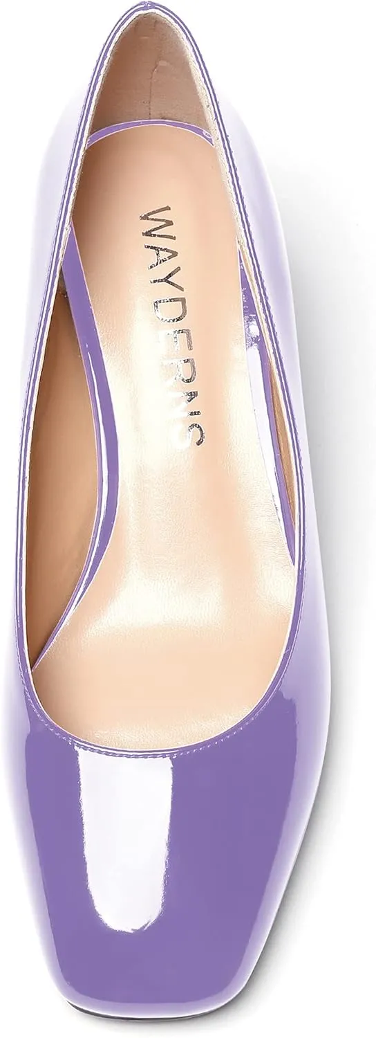 WAYDERNS Women's Slip On Patent Leather Square Toe Low Heel Wedge Pumps Shoes 2 Inch