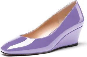 WAYDERNS Women's Slip On Patent Leather Square Toe Low Heel Wedge Pumps Shoes 2 Inch